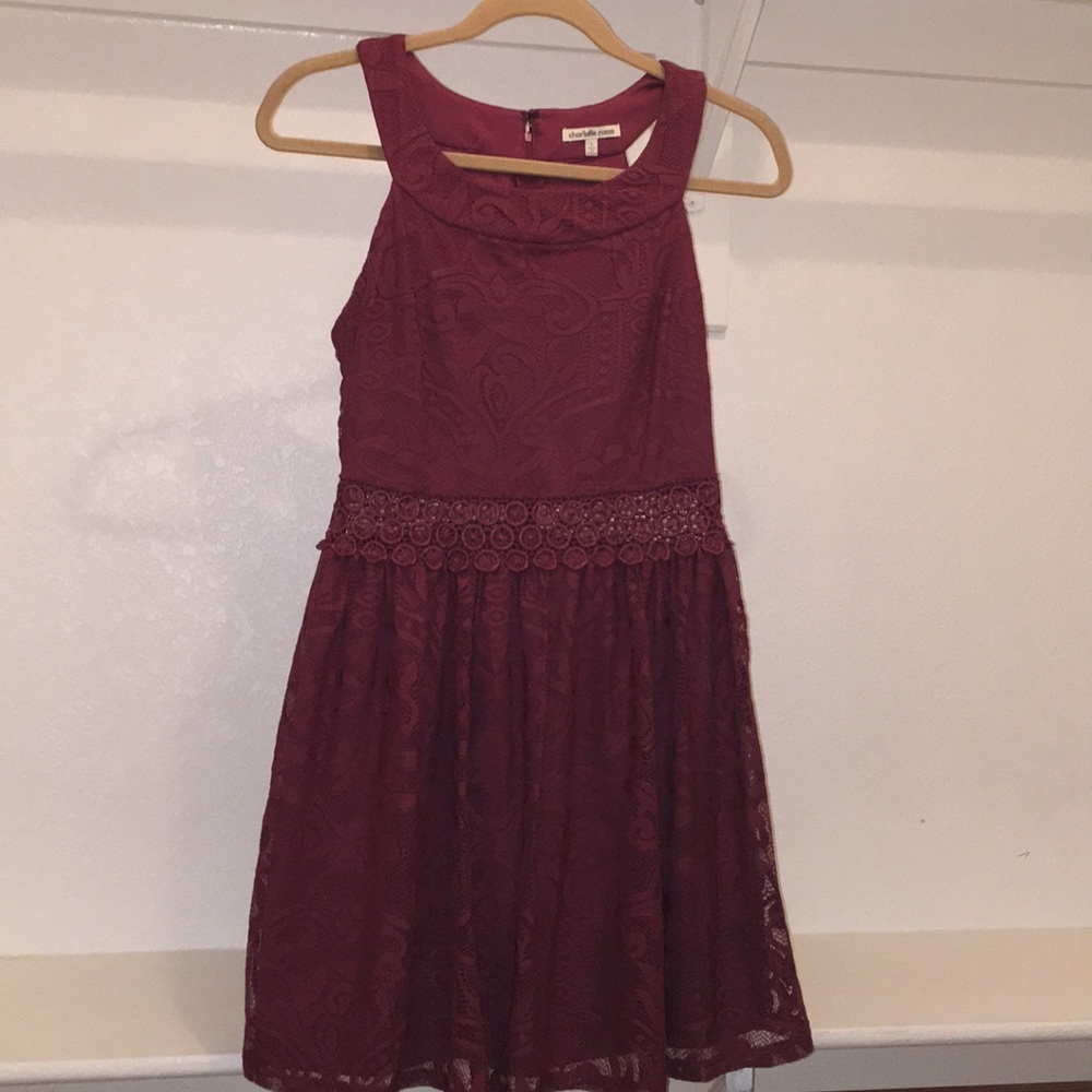 Lace overlay high neck dress